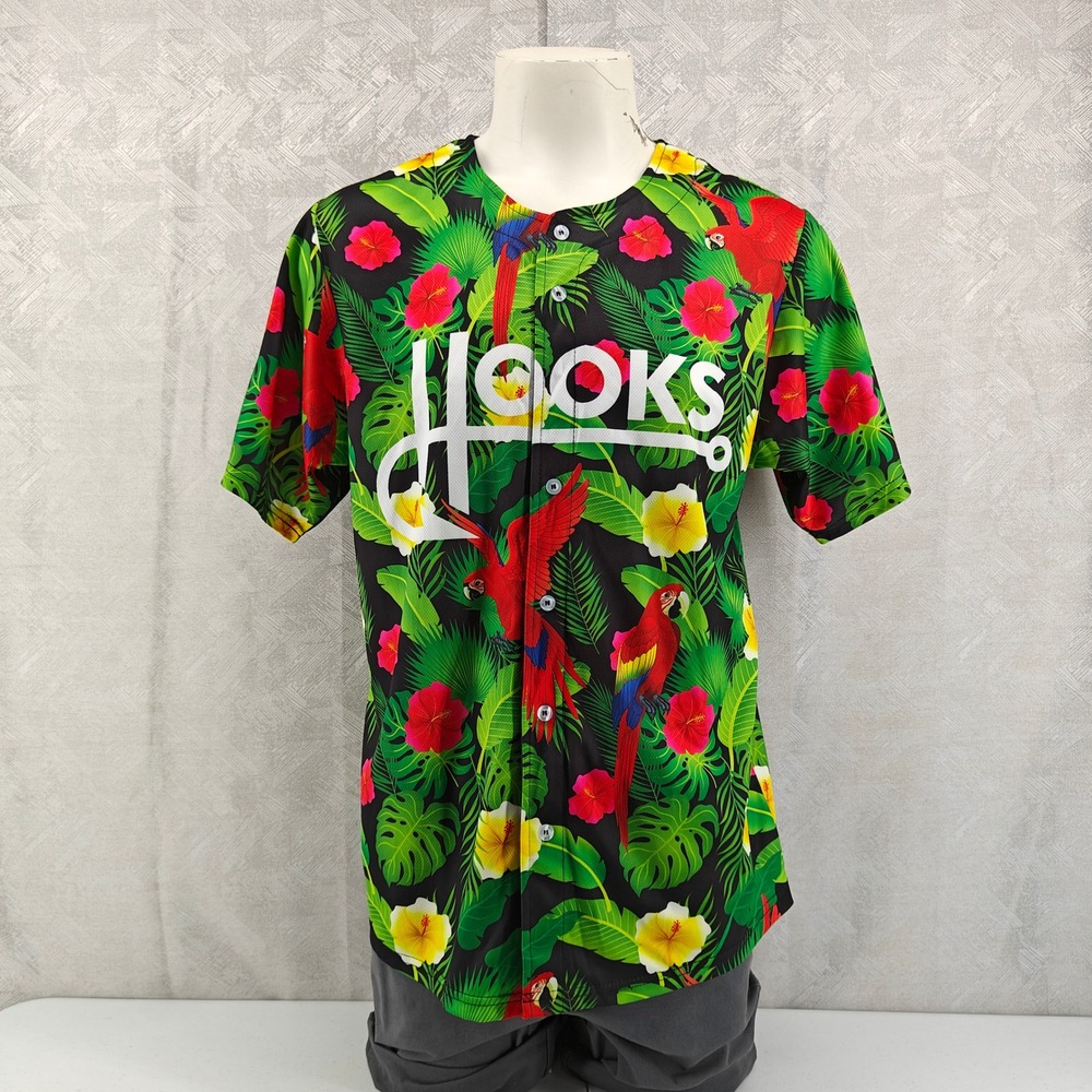 Corpus Christi Hooks Jersey Mens L Black Tropical Parrot Floral Hawaiian Minors